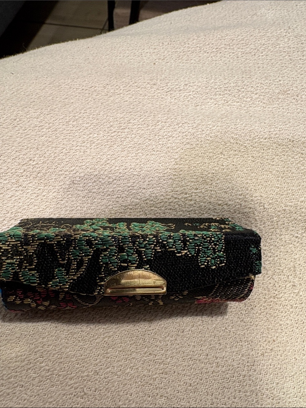 Floral Tapestry Lipstick Case with Gold Closure - Black & Teal